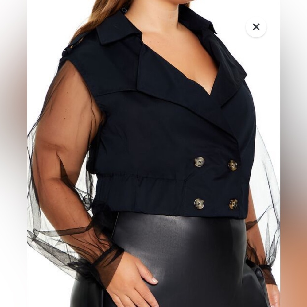 Short black double breasted blazer with organza sheer sleeves NEW 1X